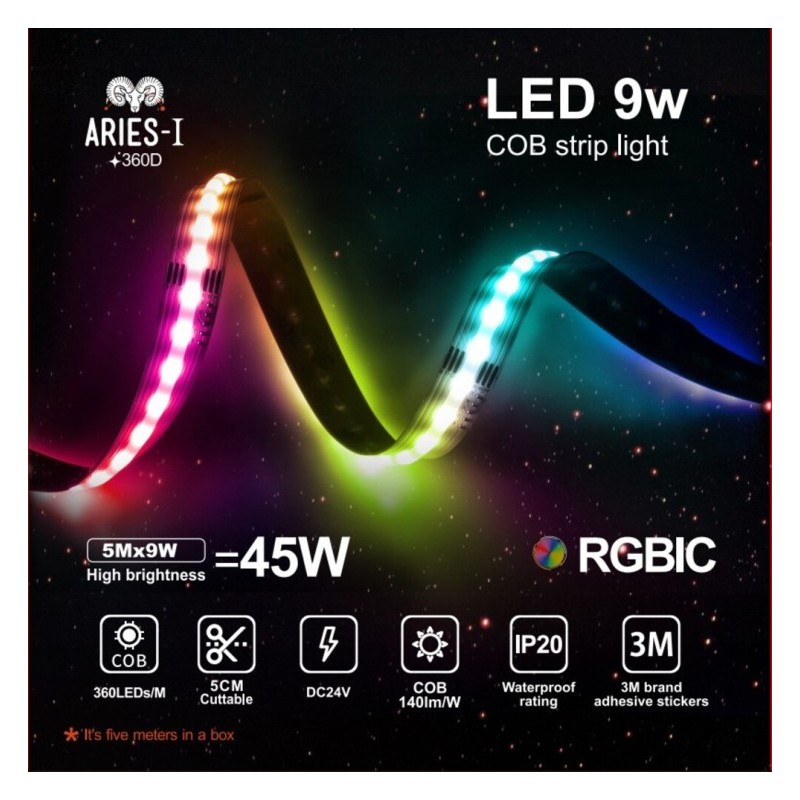 LED-Nauha 24V RGBIC | COB DIGITAL | 5m | 360LED/M | 9W/M | IP20